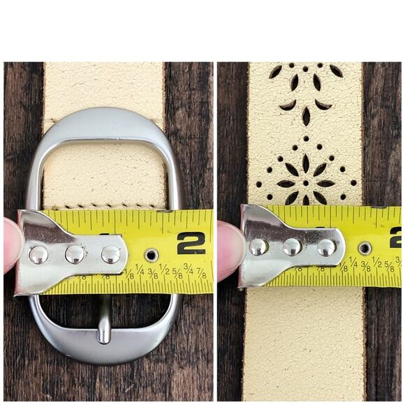 Lucky Brand Laser Cut Leather Belt Western Crackle Distressed Size Large Cream - Picture 12 of 13